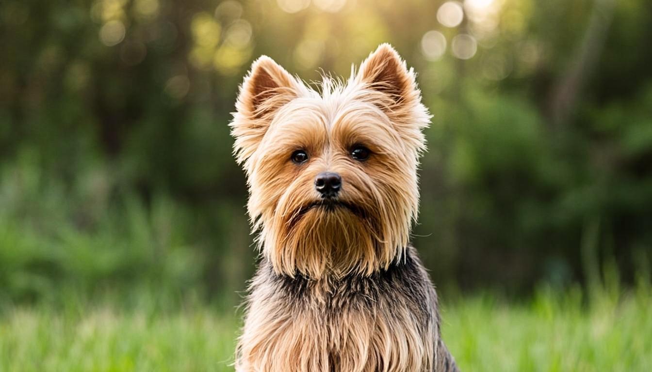 Yorkie in a lush garden
