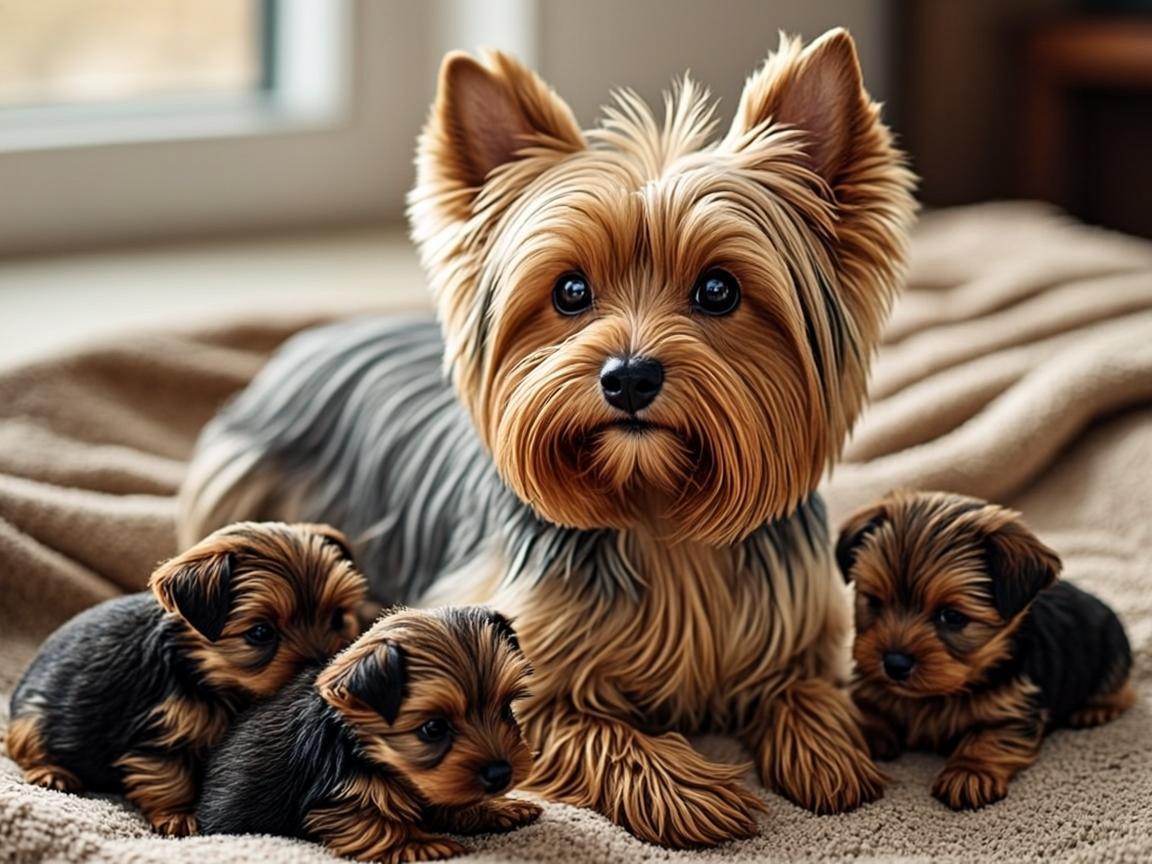 Yorkie mother with puppies